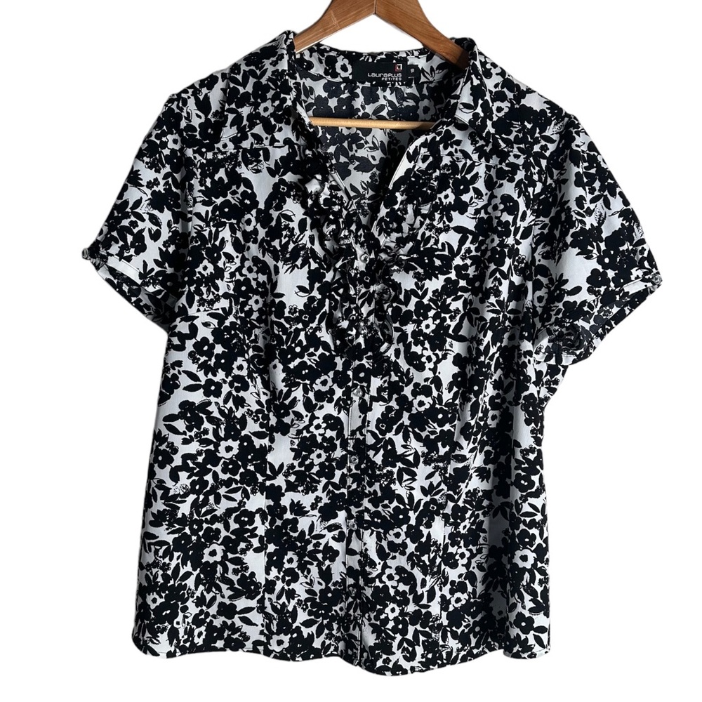 Laura Plus Petites Ruffle Floral Black White Blouse 16